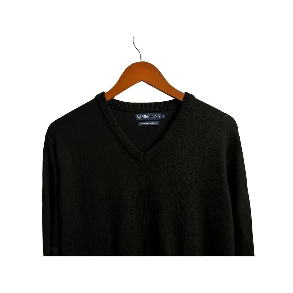 Allen Solly Knitted V-Neck Sweater Wool Blend Pullover in Black Long Sleeve Size